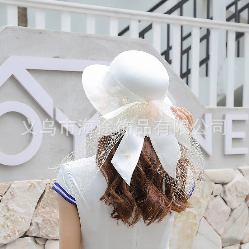 2021 new Republic of China wind satin gauze bowknot Fisherman hat white feather wide eave sunshade hat wholesale