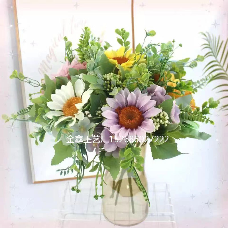 欧式小把花7叉油画球菊太阳花仿真向日葵花束波斯雏菊婚庆手捧花