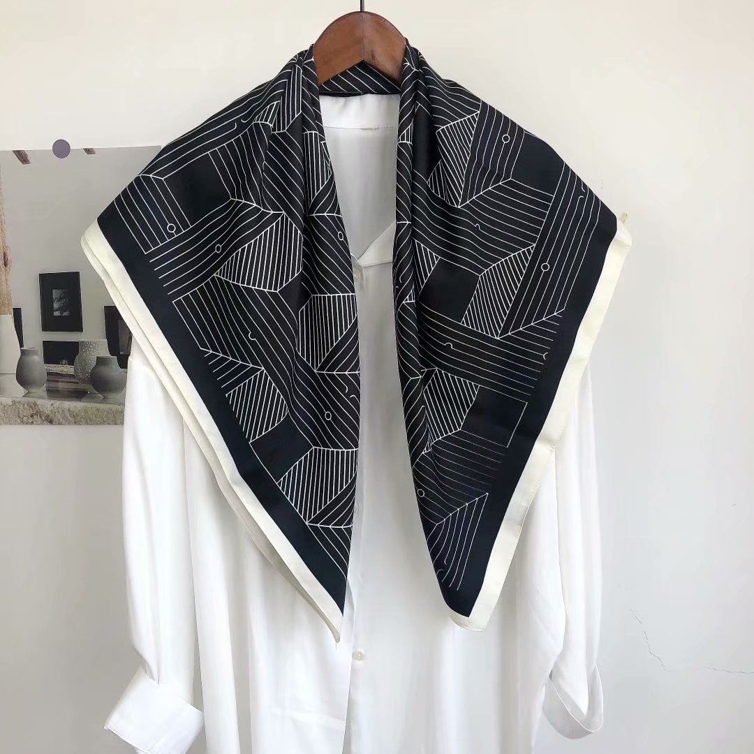 Twill silk 90*90 square scarf, silk hand feel, silk scarf, air conditioner shawl, simple stripes Item Picture