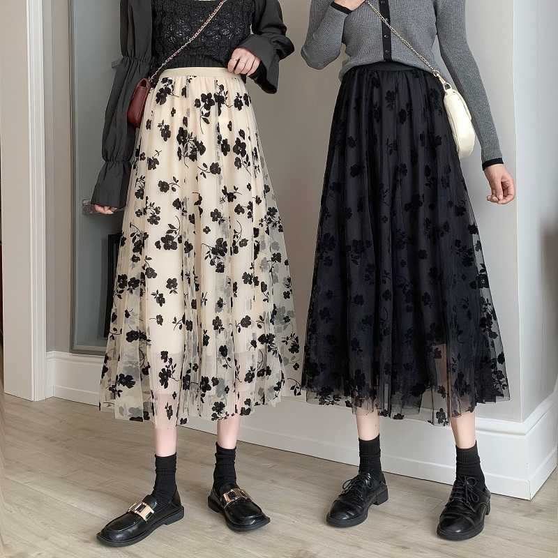 夏季新款2021绣花女网纱裙  小个子显高遮胯垂感中长款休闲半身裙