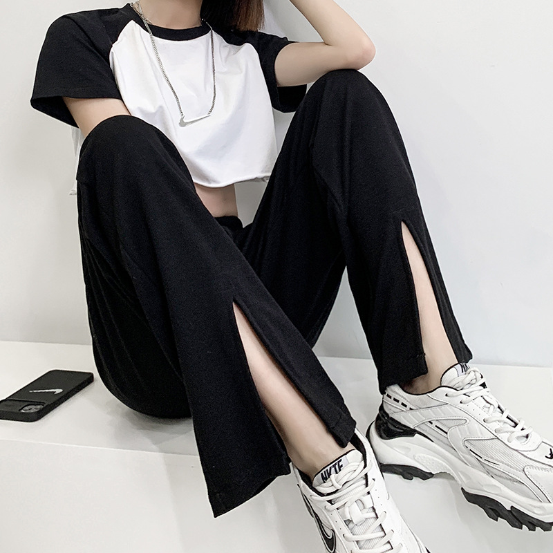 Black slit wide-leg pants for women, 2021 new style slimming casual pants, high-waisted loose straight leg with drape, versatile floor-length pants