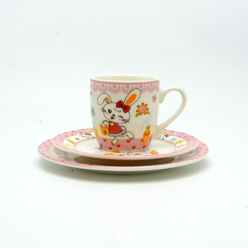 Ceramic three-piece children's set, cartoon cups, plates, morning tableware, cute ceramic tableware details Picture