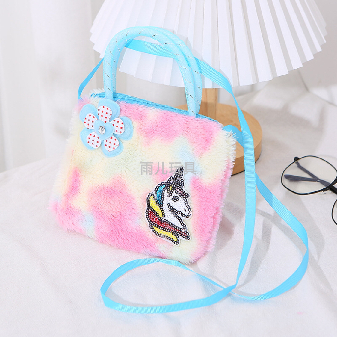 Plush toy bags, children's crossbody bags, unicorn bags, children's colored fur hand-held crossbody bags, small foreign trade bags, children's bags Specification image