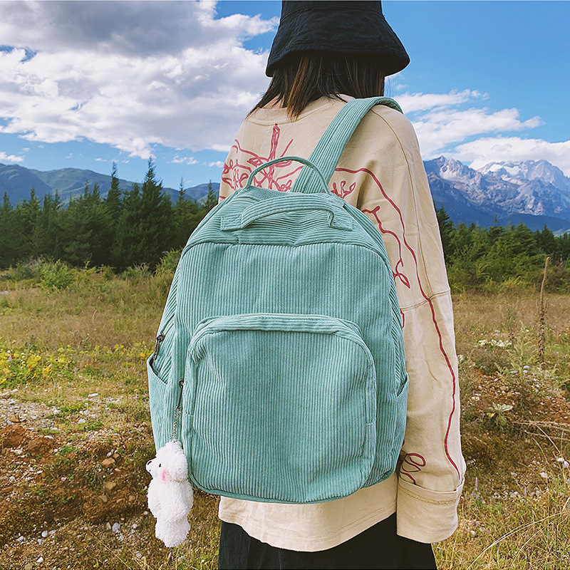 Ins-style schoolbag for girls, Korean college student backpack, high school forest-themed vintage feel, corduroy versatile and simple backpack
