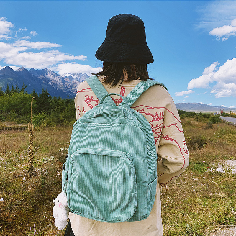 Ins-style schoolbag for girls, Korean college student backpack, high school forest-themed vintage feel, corduroy versatile and simple backpack Specification image