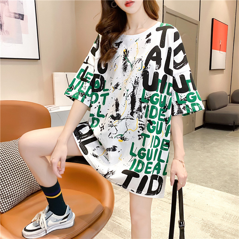 Mid-length short-sleeved T-shirt for women, 2021 new summer Instagram trendy Korean style loose large-sized student graffiti top