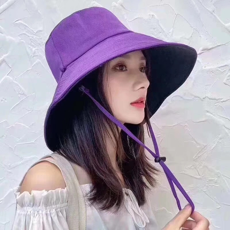 Double-sided bird eye fisherman's hat, solid color wide-brimmed sunshade, goddess summer UV protection and sun protection mesh basin hat Application Scenario