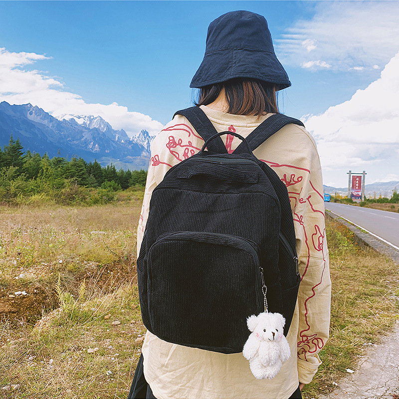 Ins-style schoolbag for girls, Korean college student backpack, high school forest-themed vintage feel, corduroy versatile and simple backpack details Picture