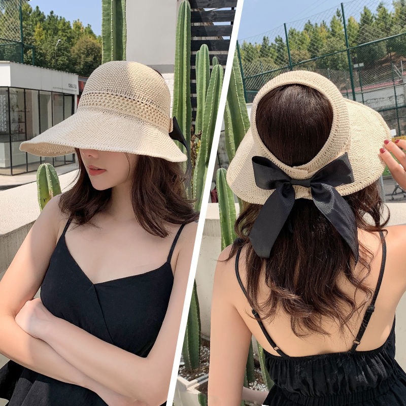 Summer Korean-style women's open-top straw hat with a bow and a large brim covering face, knitted hat, casual sunshade and sun protection fisherman's hat details Picture