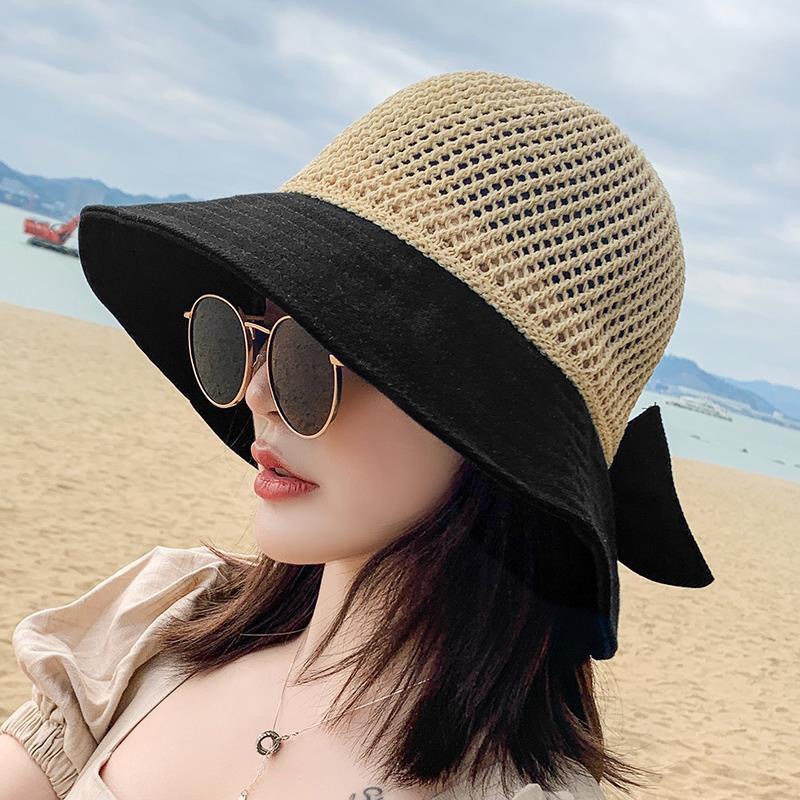 Summer sun hats for women, foldable small brim bow sun-protective hats, mesh fisherman hats, hollowed-out beach woven straw hats full figure