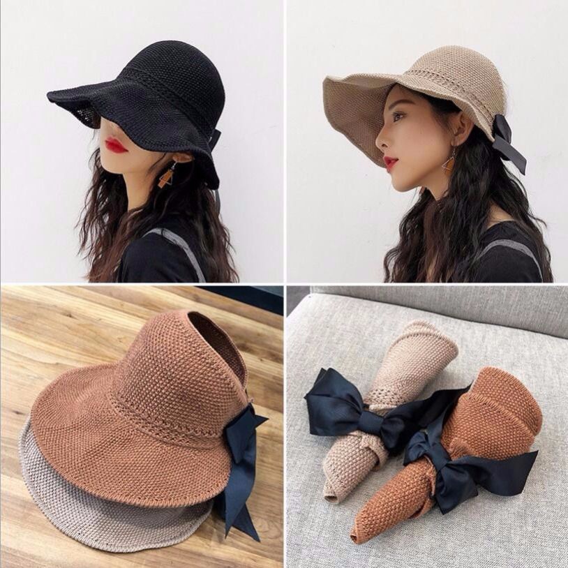 Summer Korean-style women's open-top straw hat with a bow and a large brim covering face, knitted hat, casual sunshade and sun protection fisherman's hat full figure