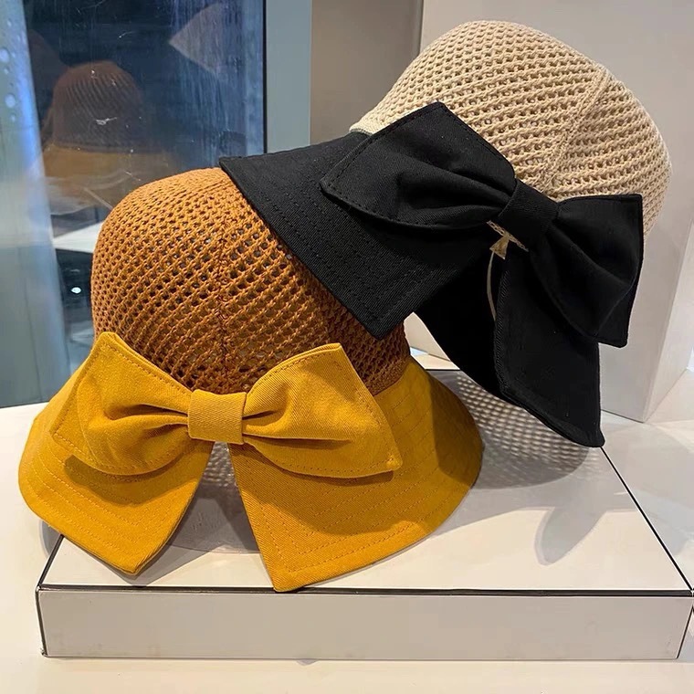 Summer sun hats for women, foldable small brim bow sun-protective hats, mesh fisherman hats, hollowed-out beach woven straw hats details Picture
