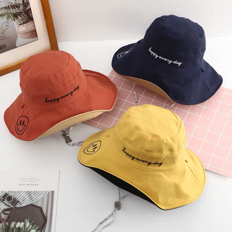 Smiling fisherman's hat for women in summer, Korean style, trendy Japanese style, autumn, double-sided sunshade, sun protection and UV protection hat, wide-brimmed basin hat full figure