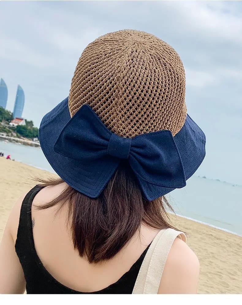 Summer sun hats for women, foldable small brim bow sun-protective hats, mesh fisherman hats, hollowed-out beach woven straw hats Item Picture