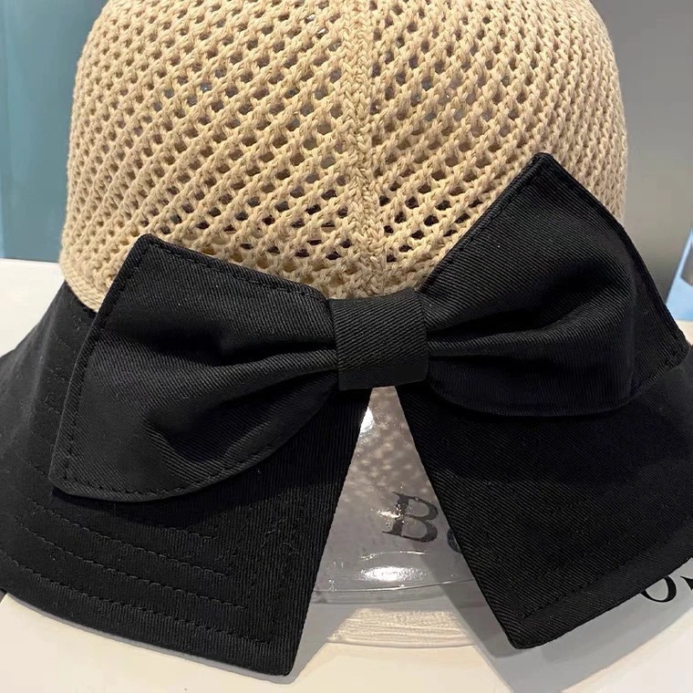 Summer sun hats for women, foldable small brim bow sun-protective hats, mesh fisherman hats, hollowed-out beach woven straw hats Specification drawing