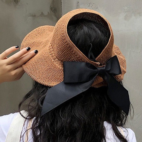 Summer Korean-style women's open-top straw hat with a bow and a large brim covering face, knitted hat, casual sunshade and sun protection fisherman's hat Item Picture