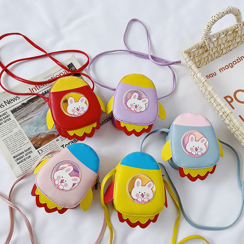 2021 Summer New Children's bag, candy-colored PU single-shoulder small bag, cartoon little rocket, girls' crossbody accessories, coin purse