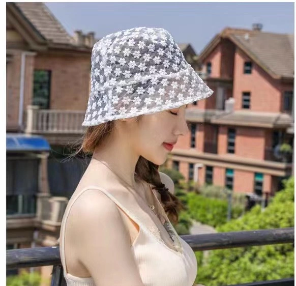 A breathable basin hat for women's autumn outing in Dongdaemun, Instagram, featuring a large floral lace hat with a Korean-style hollowed-out fisherman's hat Application Scenario