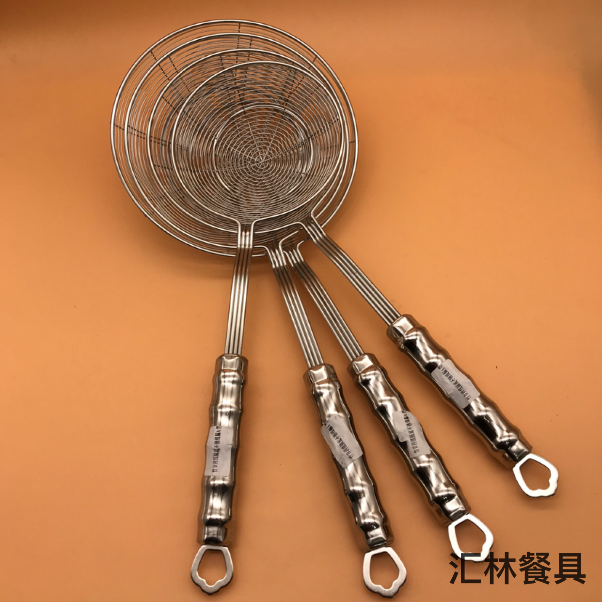 Kitchen utensils wholesale bamboo steel handle four line round bottom 201 stainless steel line leakage hot pot frying oil asphalt filter thumbnail
