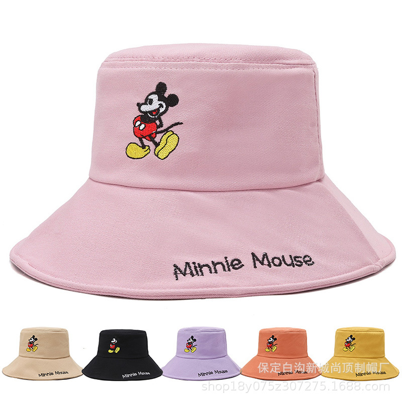 New spring and autumn Japanese-style fisherman hats, women's wide-brimmed Mickey embroidered basin hats, and summer outdoor trendy street style sunshade hats