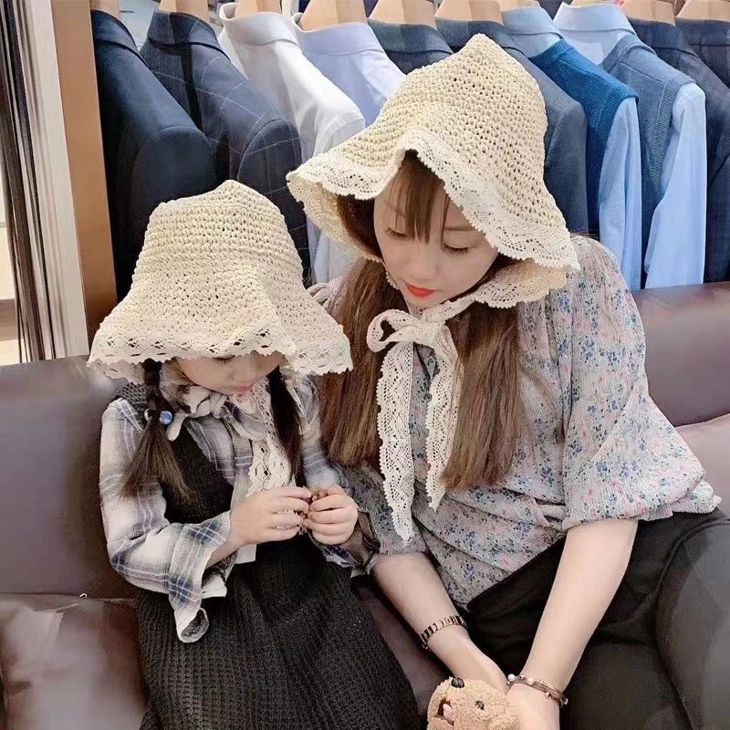 Summer Korean-style hats, women's fashion princess lace, beach sunshade and sun protection, girls' sun hats, parent-child straw hats full figure