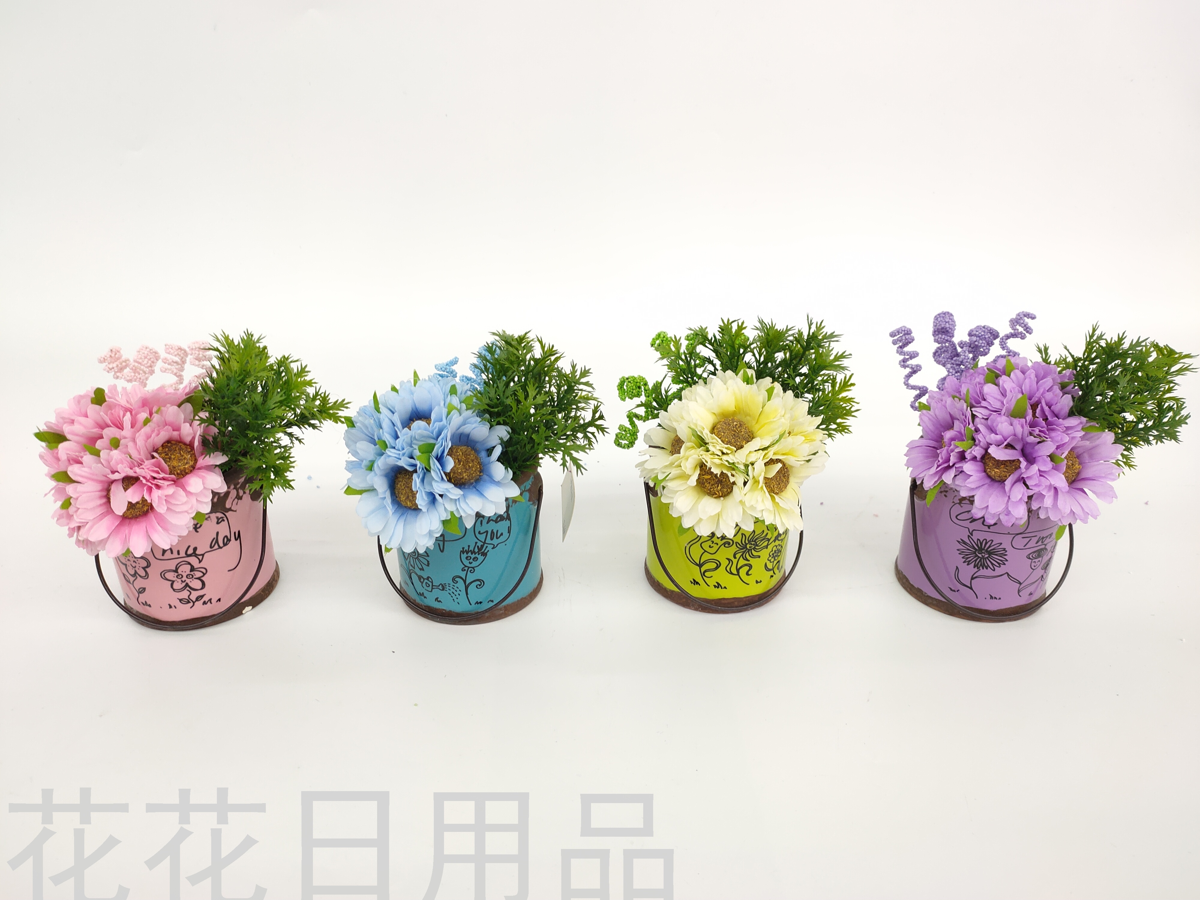 仿真花假花手绘彩色水桶芙郎菊盆景装饰客厅餐桌等等