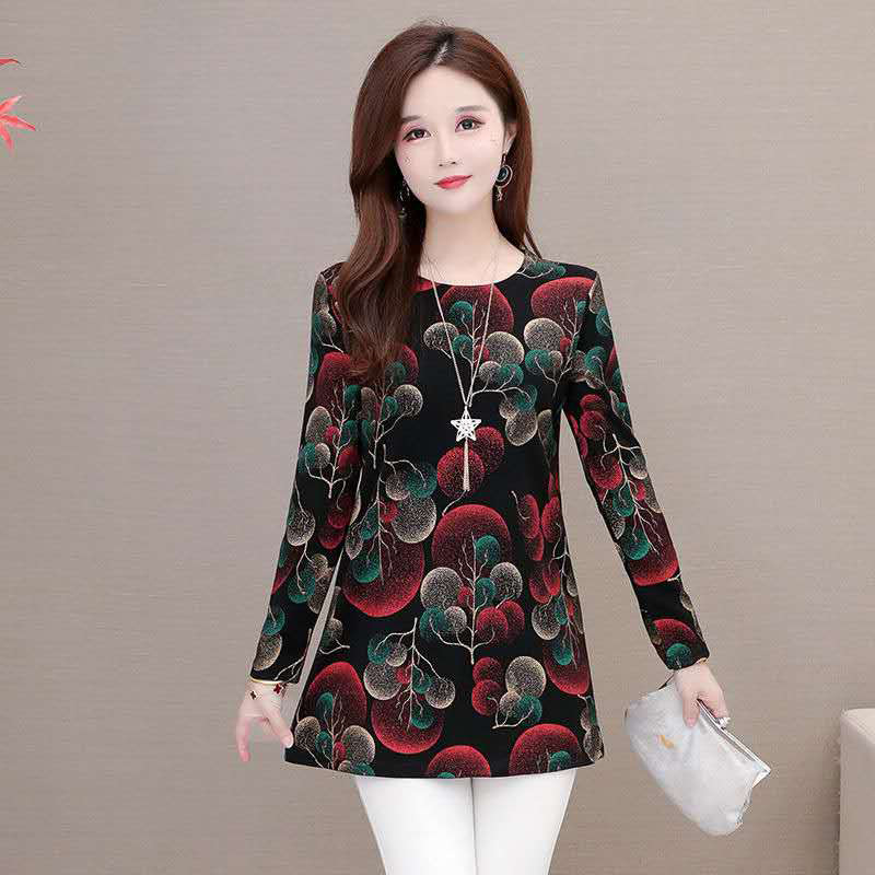 Middle-aged mom's loose printed base layer shirt 2020 autumn long-sleeved top paired with a slimming mid-length cinched waist top for women Application Scenario