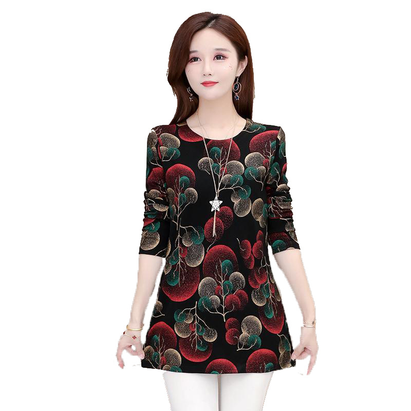 Middle-aged mom's loose printed base layer shirt 2020 autumn long-sleeved top paired with a slimming mid-length cinched waist top for women Item Picture