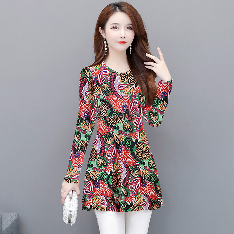 Spring/Autumn 2021 mid-length mom's dress, floral print, large-sized T-shirt, fashionable and trendy, long-sleeved printed top for women Application Scenario