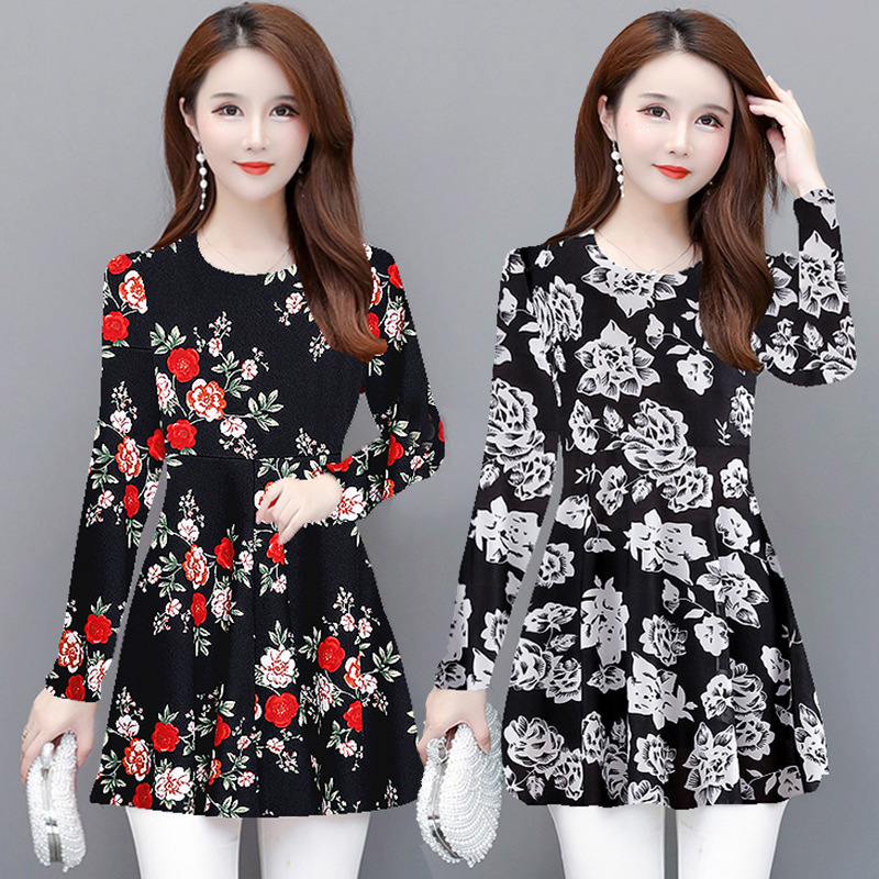 Spring/Autumn 2021 mid-length mom's dress, floral print, large-sized T-shirt, fashionable and trendy, long-sleeved printed top for women