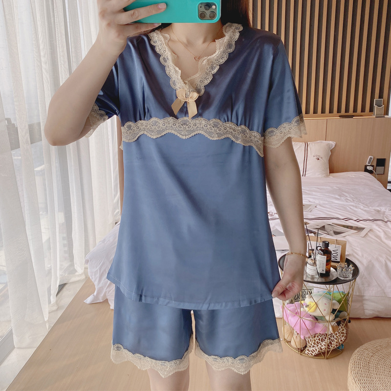 睡衣女士夏季冰丝薄款纯色短袖甜美V领蕾丝花边公主风家居服套装