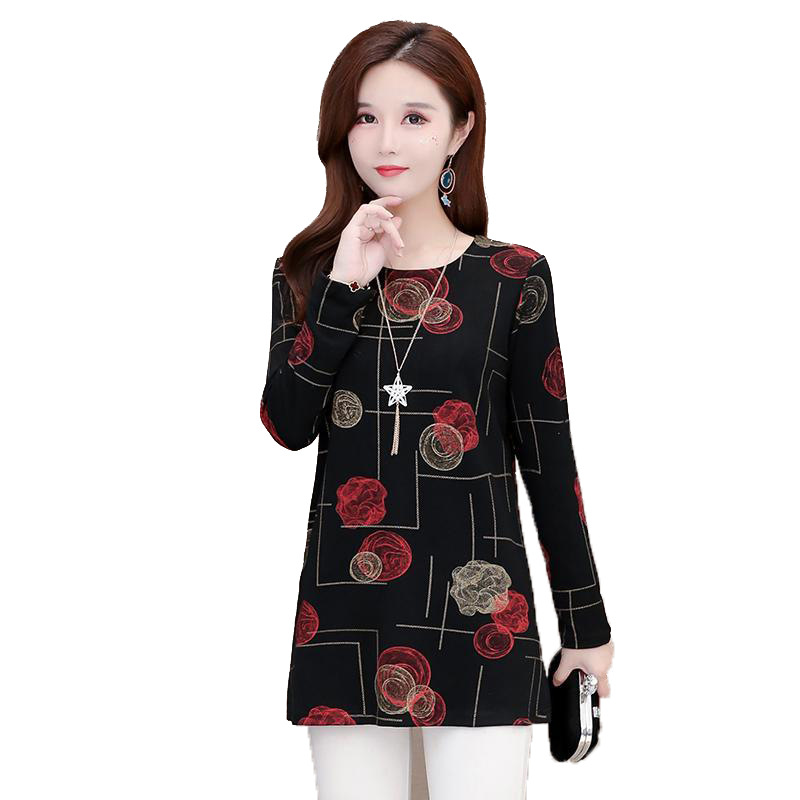 2021 Autumn fashion knitted printed large-sized T-shirt for foreign trade, loose and slimming, long-sleeved mom's base layer top Item Picture