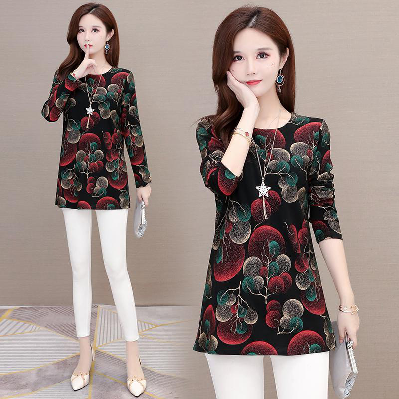 Middle-aged mom's loose printed base layer shirt 2020 autumn long-sleeved top paired with a slimming mid-length cinched waist top for women