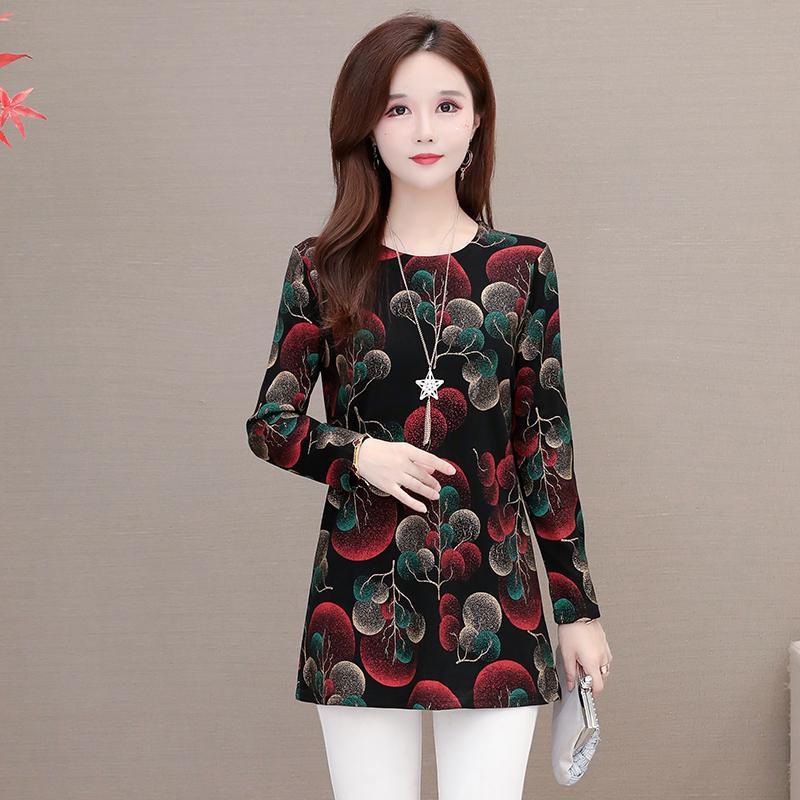 Middle-aged mom's loose printed base layer shirt 2020 autumn long-sleeved top paired with a slimming mid-length cinched waist top for women details Picture