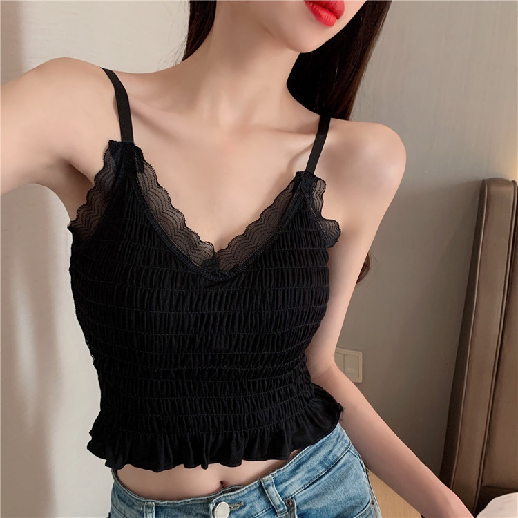 Spring and Summer new French pleated lace mini halter top for women, with a chest pad for outerwear, a beautiful back and chest wrap underwear for women Specification image