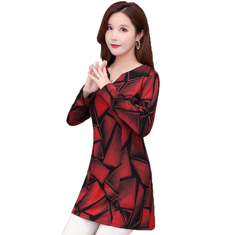 Mom's Autumn 2021 fashion Loose base shirt, a middle-aged lady's small shirt that makes you look slimmer, a mid-length long-sleeved top that covers the belly Item Picture