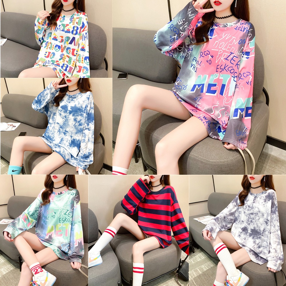 New women's long-sleeved T-shirt, loose mid-length, plus-size women's T-shirt, printed top, one-piece delivery for female students