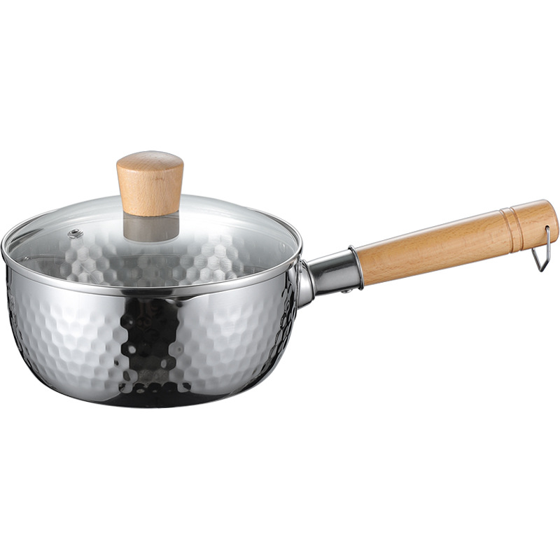 Stainless steel Japanese snow flat pot, thickened flat bottom, Japanese hammer pattern with lid, single handle milk pot, instant noodle pot, small soup pot Item Picture