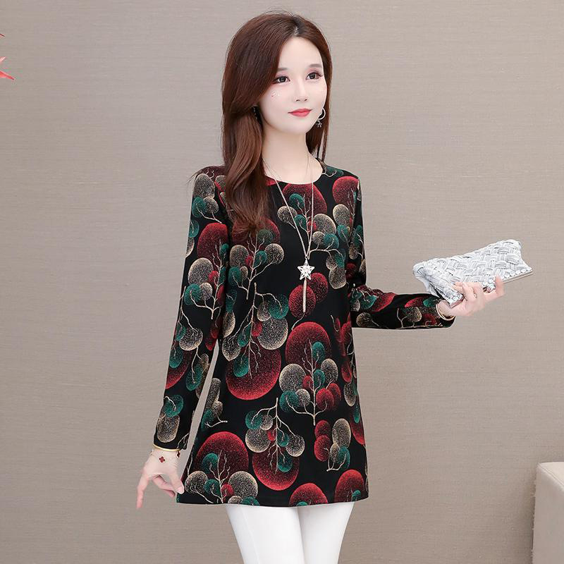 Middle-aged mom's loose printed base layer shirt 2020 autumn long-sleeved top paired with a slimming mid-length cinched waist top for women Specification image