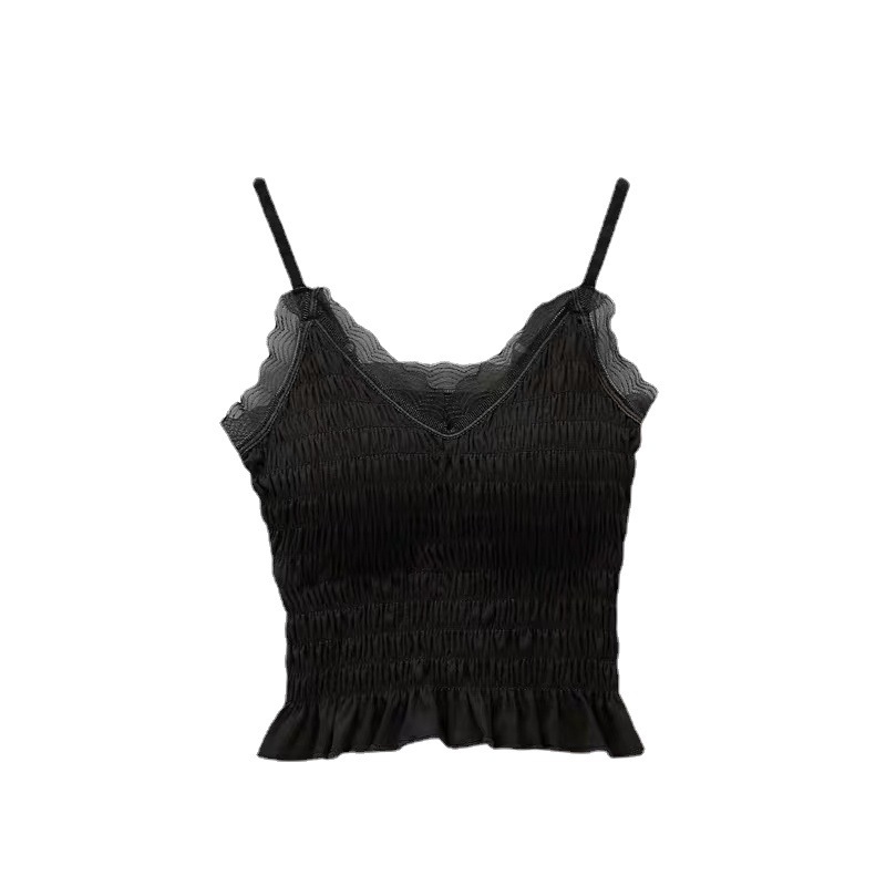 Spring and Summer new French pleated lace mini halter top for women, with a chest pad for outerwear, a beautiful back and chest wrap underwear for women Item Picture