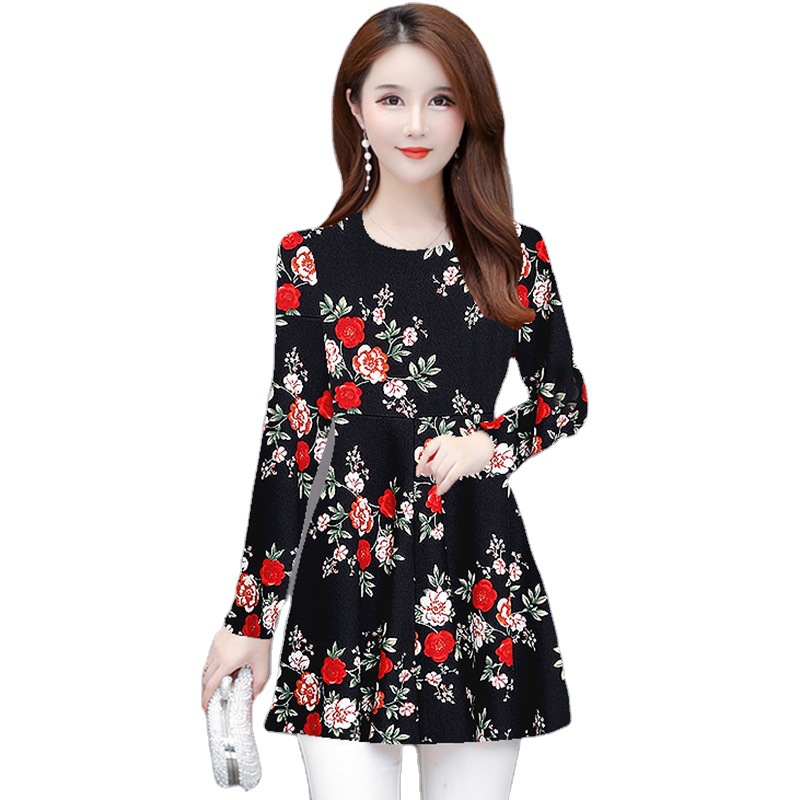 Spring/Autumn 2021 mid-length mom's dress, floral print, large-sized T-shirt, fashionable and trendy, long-sleeved printed top for women Item Picture