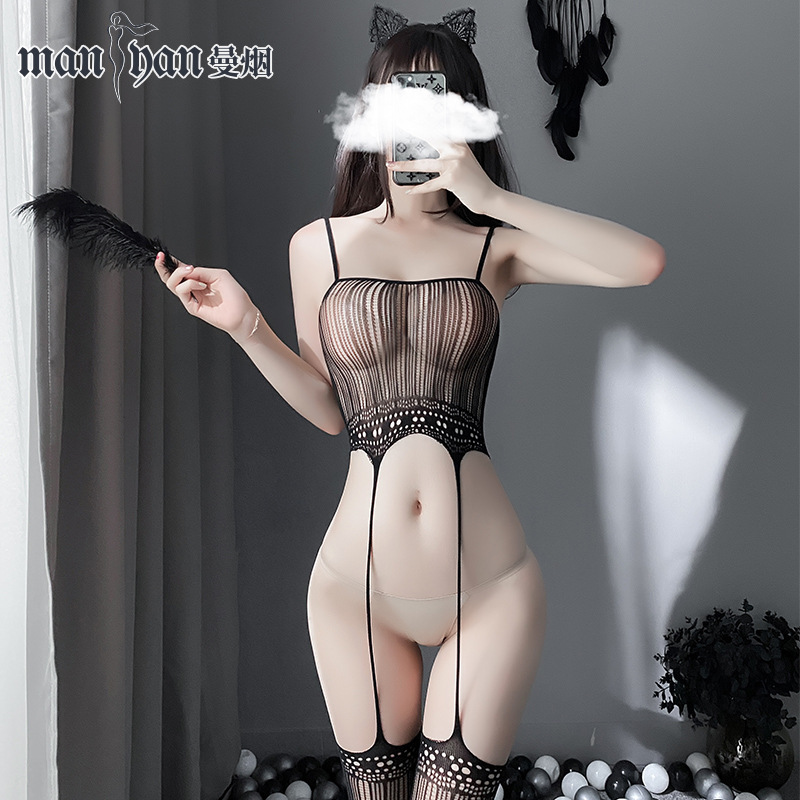 曼烟情趣丝袜性感透视镂空吊带抹胸条纹连身袜情趣丝袜WY7934