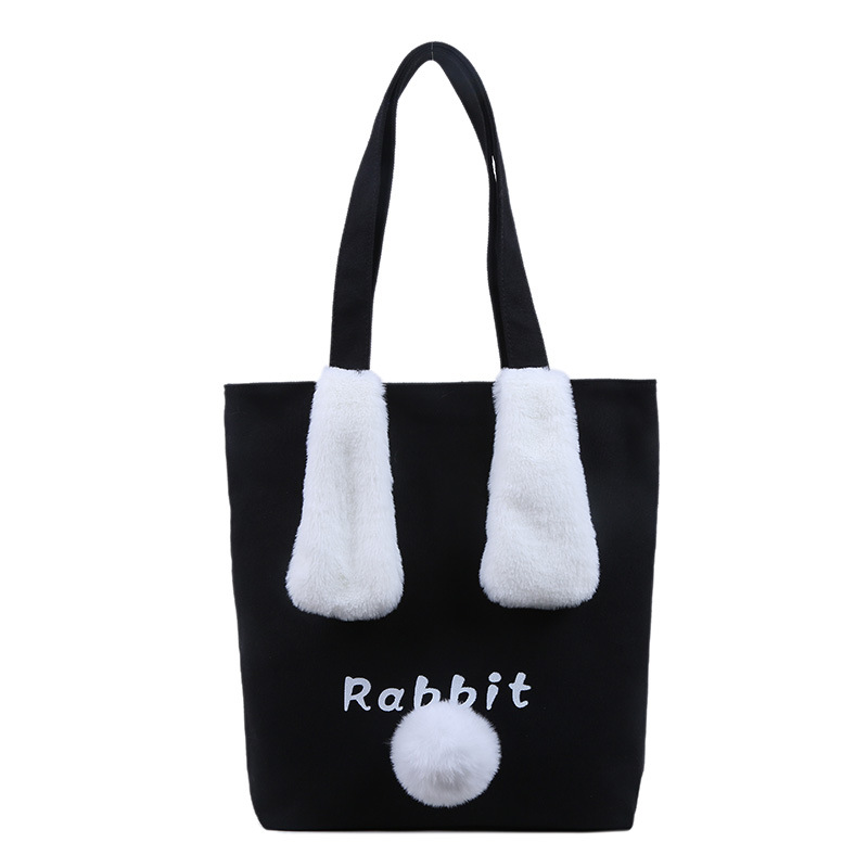 New women's canvas large bag 2020 large capacity casual tote bag, cute plush rabbit ear single-shoulder crossbody bag Item Picture