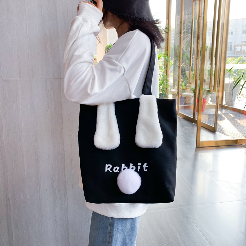 New women's canvas large bag 2020 large capacity casual tote bag, cute plush rabbit ear single-shoulder crossbody bag details Picture