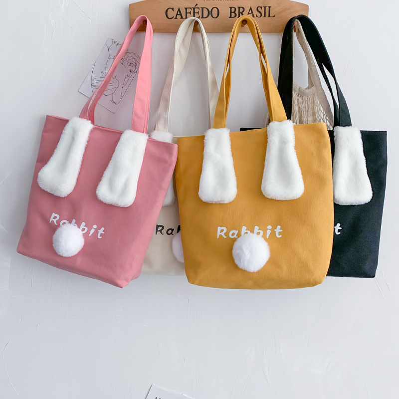 New women's canvas large bag 2020 large capacity casual tote bag, cute plush rabbit ear single-shoulder crossbody bag Application Scenario