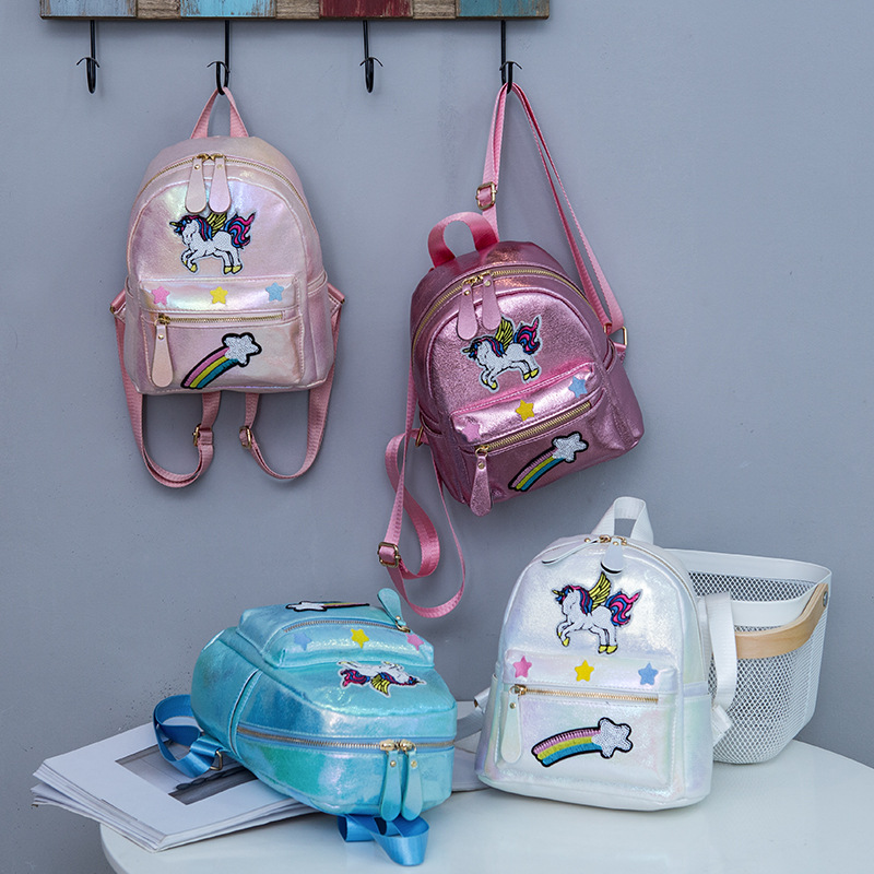 Bolsa de niños de comercio exterior niña linda moda brillante facetado unicornio mochila escolar 2019 nueva versión coreana rainbow backpack details Picture