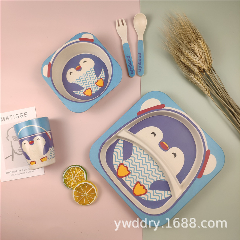 Cartoon bamboo fiber children's tableware set, compartments plate, heat-resistant and shockproof baby food bowl, baby five-piece set thumbnail