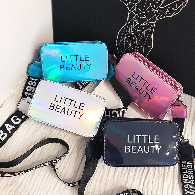 Wholesale of new Korean-style letter-shaped small bags, colorful laser women's bags, wide single-shoulder crossbody bags, simple and trendy small square bags