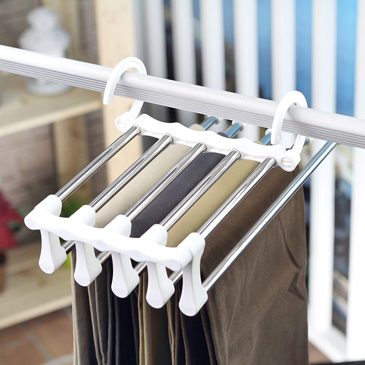 35823 Hanging Five-in-one anti-wrinkle Magic Pants Rack Cabinet, Multi-functional telescopic stainless steel pants drying rack, Double Hook style