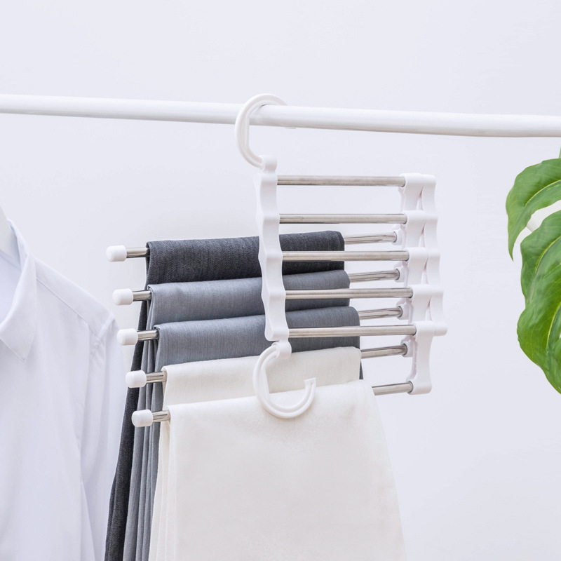 35823 Hanging Five-in-one anti-wrinkle Magic Pants Rack Cabinet, Multi-functional telescopic stainless steel pants drying rack, Double Hook style Application Scenario